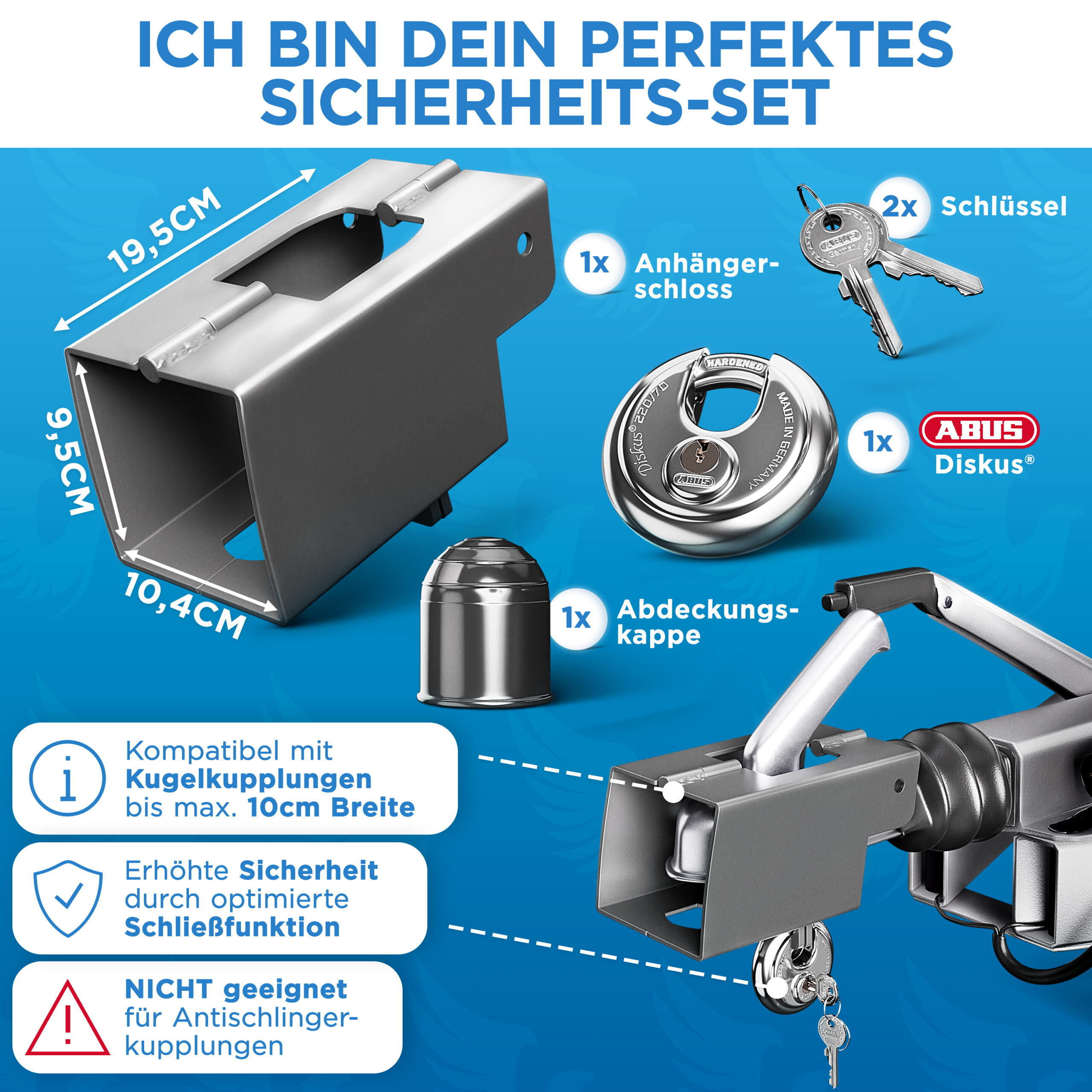 Deagle® Anhängerschloss mit hochwertiger Verzinkung und Pulverbeschichtung inkl. ABUS® Diskus® – Bild 2